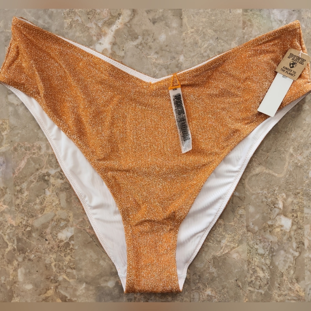 M L PINK Swim Shimmer High Waist Cheeky Bikini Bottom Orange